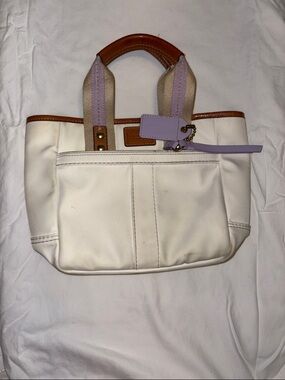 Coach White Tote with Lavender Accents and Tan Trim